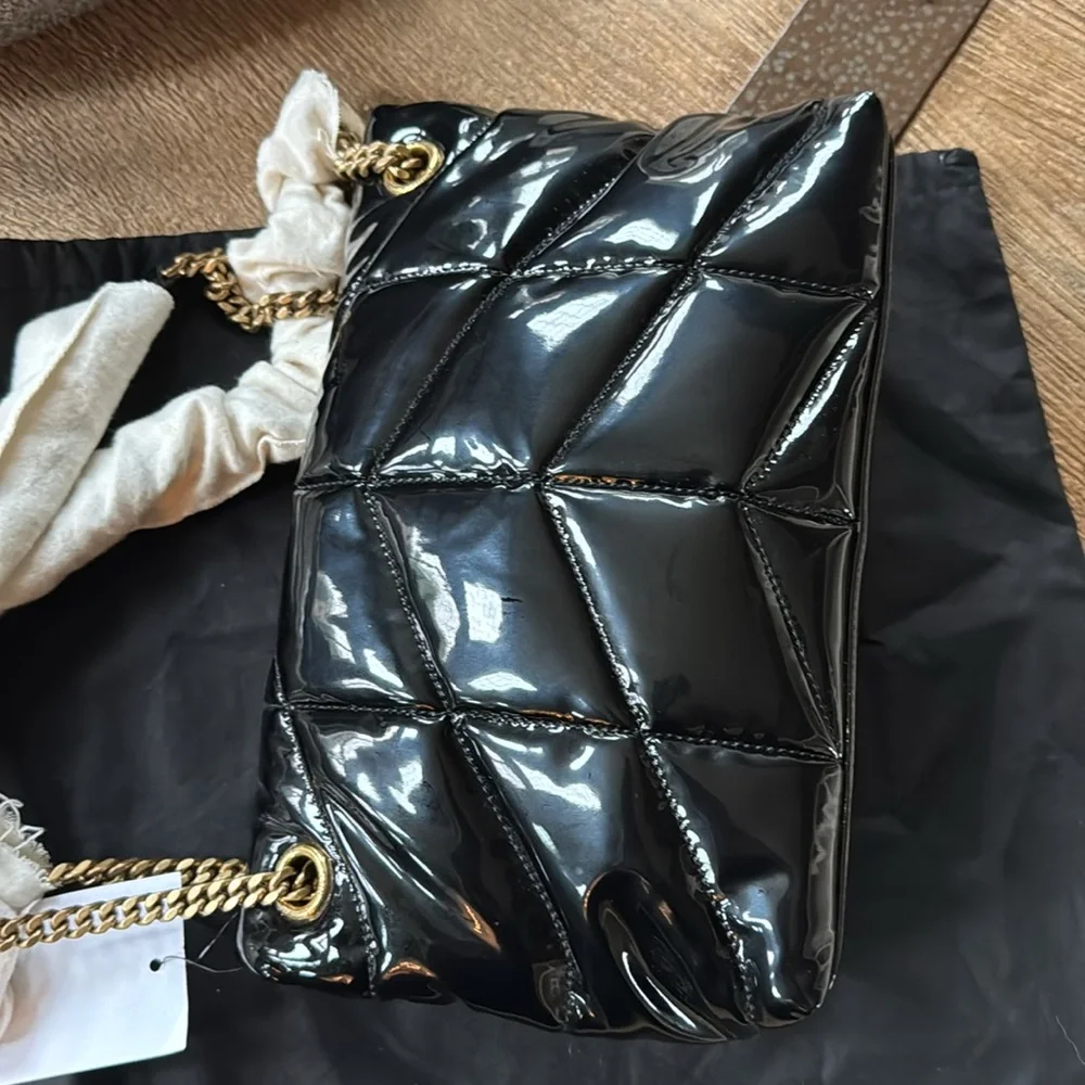 Yves Saint Laurent ysl Loulou puffer black patent shoulder bag gold straps $2990